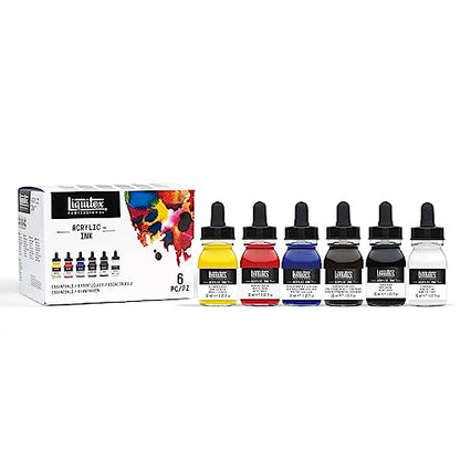 Liquitex Professional Acrylic Ink, 1-oz (30ml), Essential Color Set, Set of 6 | Ultra Fluid Acrylic, Highly Pigmented, Dye-Free, Non-Fading, Satin Finish, Permanent When Dry, Lightfast - color: Essential - Set of 6