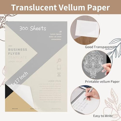 300 PCS 11x17 Inch Translucent Vellum Paper 63 Grams for Architecture Building Paint - Drafting Sheets Translucent White (Can't Print With Printer) - color: transparent