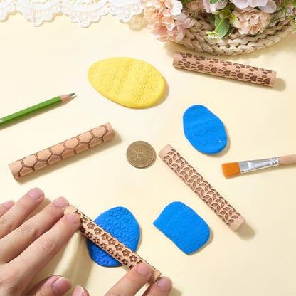 CREATCABIN 4 Pcs Wooden Clay Texture Rollers Clay Modeling Pattern Rollers Kit Pottery Stamp Roller Tools Paw Hexagon Leave Flower Rolling Pin Handmade Craft Art for Ceramics Painting DIY 3.94 Inch