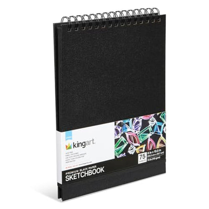 KINGART Black Paper Sketchbook – 8 x 10.5 Inch, 1-Pack – 75 Sheets (70 lb / 110 GSM), Premium Acid-Free Heavyweight Dark Drawing Pad for Charcoal & Gels