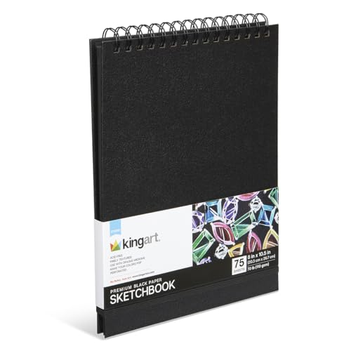 KINGART Black Paper Sketchbook – 8 x 10.5 Inch, 1-Pack – 75 Sheets (70 lb / 110 GSM), Premium Acid-Free Heavyweight Dark Drawing Pad for Charcoal & Gels