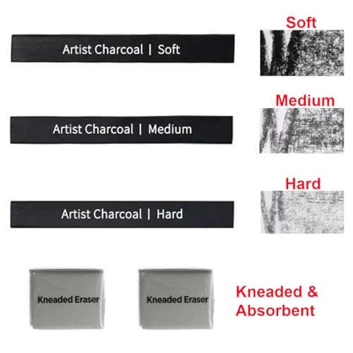 Compressed Charcoal Sticks 6 PCS, Graphite Sticks Square 6 Pieces, Kneaded Rubber Erasers Large Size 4 Pack