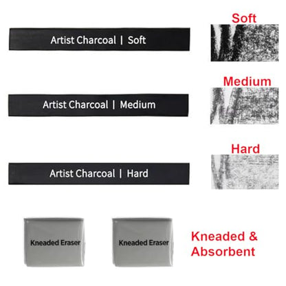 Compressed Charcoal Sticks 6 PCS, Graphite Sticks Square 6 Pieces, Kneaded Rubber Erasers Large Size 4 Pack