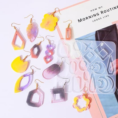 104Pcs Geometric Resin Earring Molds Kit, Flower Shaped Earrings Silicone Mold for Epoxy Resin Dangle Drop Jewelry Molds Making Kit with 100 Earring Hook for Earrings Necklace Pendants (Irregular) - color: Irregular