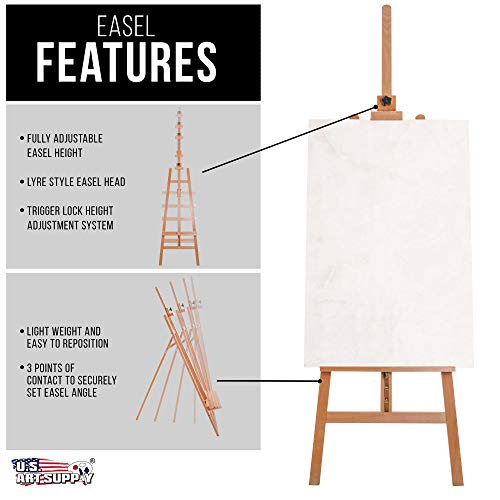 U.S. Art Supply 64" to 89" La Jolla Classic A-Frame Wood Easel, Lyre Style Studio Easel - Wooden Artists Floor Stand, Sturdy, Adjustable Height to 48" Canvas - Painting, Drawing, Sign Display
