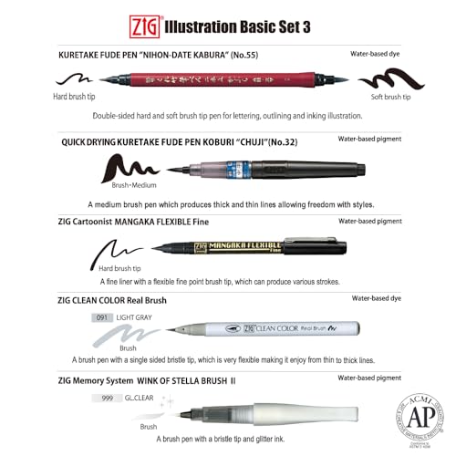 Kuretake Zig Inktober pen set, for Illustration, Manga Drawing, Lettering and Calligraphy, Professional Artist, Made in Japan (Basic No.3(5pcs.)) - style: Basic No.3(5pcs.)
