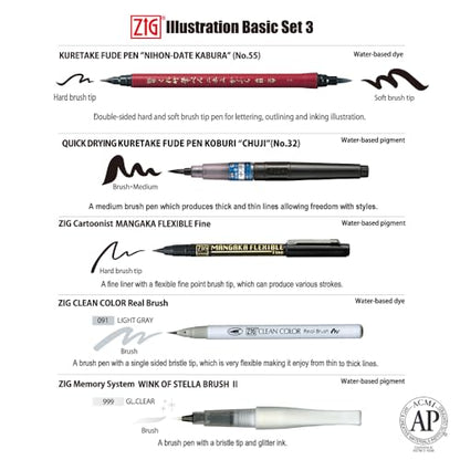 Kuretake Zig Inktober pen set, for Illustration, Manga Drawing, Lettering and Calligraphy, Professional Artist, Made in Japan (Basic No.3(5pcs.)) - style: Basic No.3(5pcs.)