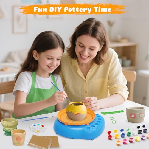 Pottery Wheel for Kids with Air Dry Clay Kit, 12 Paints & Tools, Ages 6-12 | No kiln needed: shape on the electric wheel, air-dry & paint. Gentle beginner speed; kit adds 3 clay packs, tools & apron - color: yellow/blue