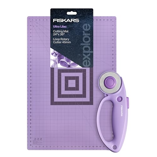 Bundle of Fiskars Self Healing Cutting Mat with Grid for Sewing, Quilting, and Crafts - 24" x 36” Grid – Lilac/Mountain Haze + Fiskars Loop Rotary Cutter, Ultra Lilac, Felt and Vinyl, 45mm