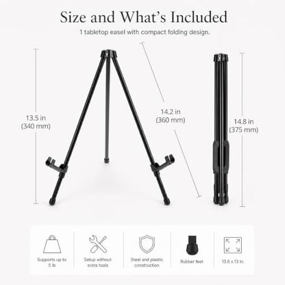 QWORK 14.5" Tabletop Easel Stand, Foldable Black Metal Tripod for Art Canvas, Posters & Signage, Adjustable Display Holder for Trade Shows, Presentations & Home Decor