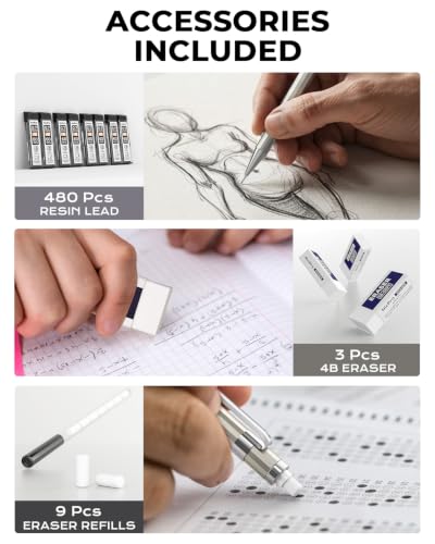 Nicpro 4 Pack Mechanical Pencil 0.7mm, MB1000 Metal Mechanical Pencil Set | 6 Tube HB #2 Lead Refill 0.7 mm, 3PCS 4B Eraser, 9 Cap Eraser, Storage Case for Artist Drafting Writing, Sketching, Drawing - style: 4 Pack （0.7mm）