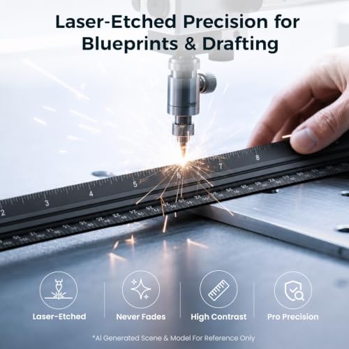 12 Inch Aluminum Architectural Scale Ruler, Aluminum Architect Ruler | Metal Ruler 12 Inch, Laser-Etched Markings, Clear Imperial Scale, Aluminum Body for Blueprints, Floor Plans and Drafting Work