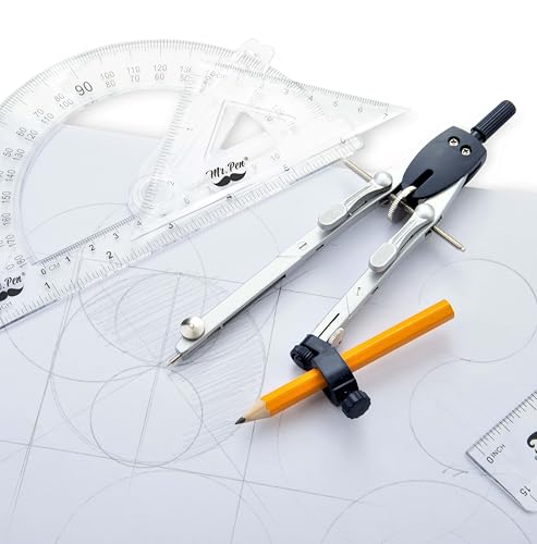 Mr. Pen- Professional Metal Compass Set, 7 pcs | Precision Drafting Compass with Extension Leg, Pencil Holder, Extra Lead & Needles, Geometry Tool for Drawing Circles, Math - style: Compass with Wheel and Lock