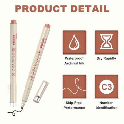 MECCANIXITY 3 Fineliner Ink Pens, 6Pcs 3.0mm Brown Micro Pens with Waterproof Archival Ink for Watercolor Sketching Cartoon Technical Drawing - style: 3#