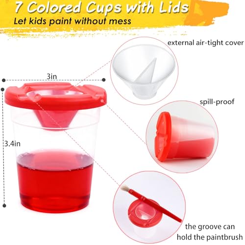 Paint Cups with Lids for Kids, 7pcs Spill Proof Painting Cups with Rotating Holder Toddler Paints Brushes No Spill Paint Cups with Kids Art Smock Paint Containers Art Supplies for Classrooms