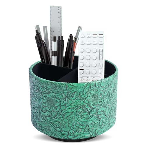 Round Leather Art Supply Organizer,Remote Control Holder,360 Degree Spinning,Multi-Functional Pencil Holder,4 Compartments Desktop Stationary Organizer(1-Carved Green) - color: 1-Carved Green