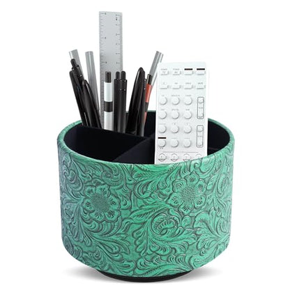 Round Leather Art Supply Organizer,Remote Control Holder,360 Degree Spinning,Multi-Functional Pencil Holder,4 Compartments Desktop Stationary Organizer(1-Carved Green) - color: 1-Carved Green