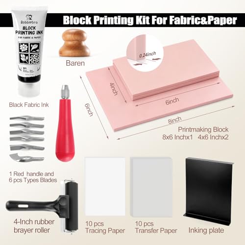 Bobblebro Linocut Kit for Printmaking, Fabric Block Printing Kit with Ink | Stamp Making Kit, Linoleum Blocks, 2.6 oz Fabric Ink for Fabric & Paper, Carving Tools, Adult DIY Art, Back To School Gift - color: Beige-linocut kit