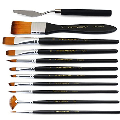 Transon Paint Brush Kit 10pcs Art Brushes and 1 Paint Spatula with Brush Case - color: Black