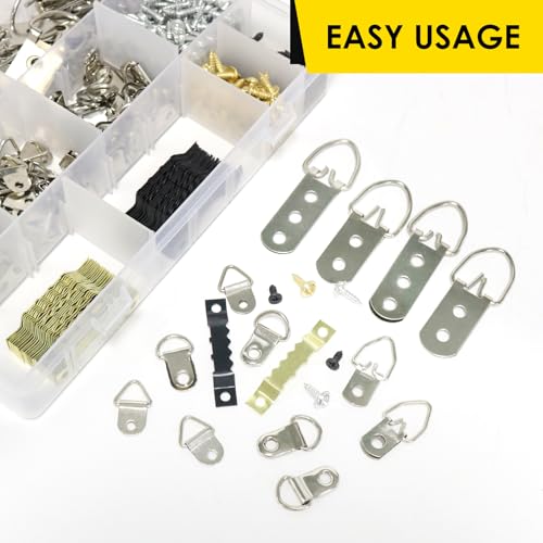415Pcs Frame Hangers Screws Kit, 5 Sizes D Ring Picture Hangers and Sawtooth Hangers Assorted Kit with Box for Wall Mounting Heavy Canvas Paintings Photos Board Clock Artwork Clipboard