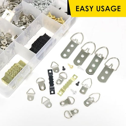 415Pcs Frame Hangers Screws Kit, 5 Sizes D Ring Picture Hangers and Sawtooth Hangers Assorted Kit with Box for Wall Mounting Heavy Canvas Paintings Photos Board Clock Artwork Clipboard