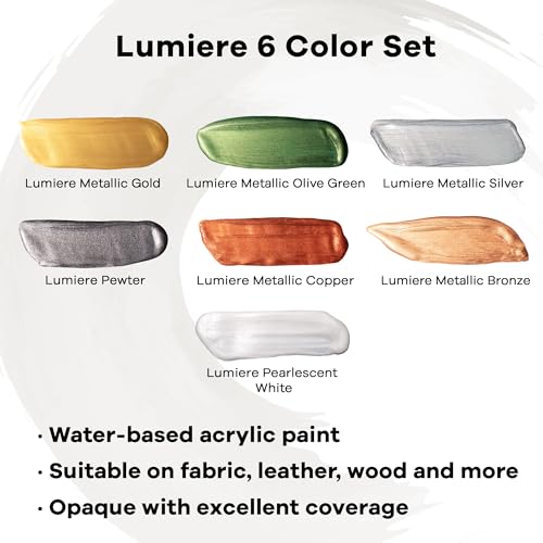 Jacquard Lumiere 6 Pack - Metallic Paint for Fabric Paper Wood Ceramic & Metal - Light-bodied Metallic Acrylic Paint - Lightfast & Vibrant Metallic Acrylic Paints - 2.25oz Bottles - color: Assorted Colors, size: 13.5 Fl Oz (Pack of 1)