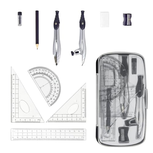 10-Piece Compass Set, Black Plastic Case, Precision Geometry Kit for Drafting, Engineering, Drawing & Technical Design – Includes Compasses, Rulers, Protractor, Pencil, Eraser & Sharpener