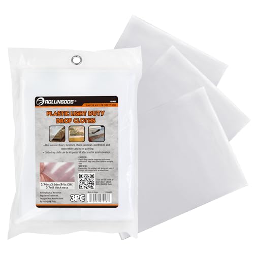 ROLLINGDOG 3 Pack Plastic Drop Cloths 12' x 9' | Clear Painting Tarp Waterproof Dust Cover 0.7mil Light Duty Disposable Plastic Sheeting for Floor Furniture Protection - color: 3 Pc