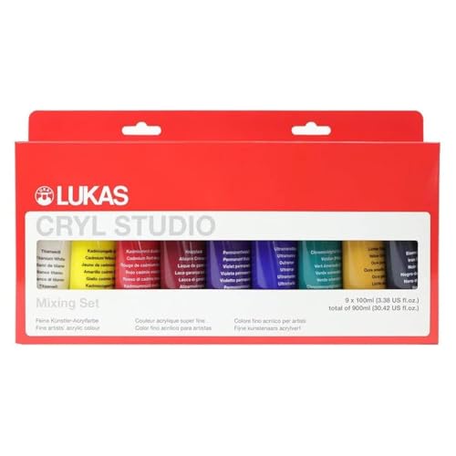 Lukas CRYL Studio Artist Acrylic Paint, MultiColor, Set of 9 100mL Tubes - High Pigment Acrylic Paints for Canvas Painting, Large Scale Works - Medium-Viscosity, Water-Mixable, Fast Drying - size: 1 Count (Pack of 9)