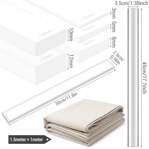 Fiwochic 12 Pcs Acrylic Pottery Tools Set Includes 1 Acrylic Clay Rolling Pin Sculpting Polymer Clay Tools 1 Stain Resistant Tablecloth and 10 Pcs 5 Size Teaching Rolling Mud Stick Guide(Transparent) - color: Transparent