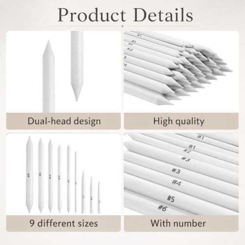 Oqqlin 144 Pcs Blending Stumps and Tortillions, 9 Sizes Blending Stumps Sketch Pencil Blender Paper Oil Pastel Tools for Drawing, Sketch, Charcoal for Student, Artist