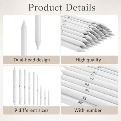 Oqqlin 144 Pcs Blending Stumps and Tortillions, 9 Sizes Blending Stumps Sketch Pencil Blender Paper Oil Pastel Tools for Drawing, Sketch, Charcoal for Student, Artist