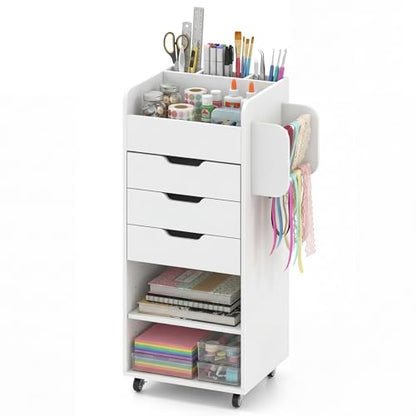Giantex Craft Storage Cart - Utility Organizer Cart with 3 Drawers, 3 Shelves, 3 Slotted Compartments, 2 Rolling Rods, Crafting Sewing Cabinet on Wheels for Wrapping Paper Scrapbook Ribbon (White) - color: White