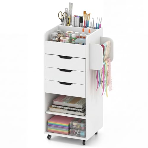 Giantex Craft Storage Cart - Utility Organizer Cart with 3 Drawers, 3 Shelves, 3 Slotted Compartments, 2 Rolling Rods, Crafting Sewing Cabinet on Wheels for Wrapping Paper Scrapbook Ribbon (White) - color: White