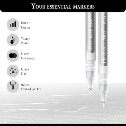 Pinturale Arts® Ultra Fine Tip Acrylic Paint Pens | Set 2 White Paint Pens Extra Fine Point 0.5 mm | For Black Paper, Ceramics, Rock Painting, Glass, Wood, Canvas, Metal - color: White