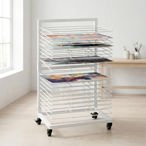 OFFICEROO White Art Drying Rack for Classroom & Preschool – 18-Shelf Mobile Paint Drying Rack, Canvas & Paper Drying Rack for Art Storage - color: White