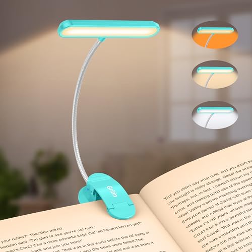 Gritin Rechargeable Book Light for Reading in Bed with 19 LED | Eye Caring 3 Color Temps, 5 Brightness Levels, Memory Function, 90 Hrs Runtime Flexible Goose Neck Clip on Light-Blue - color: Blue