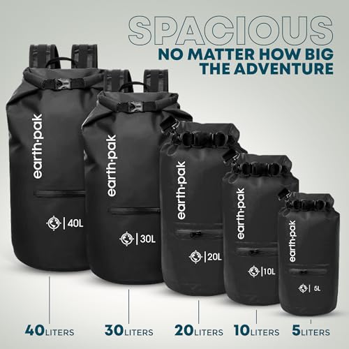 Earth Pak Waterproof Dry Bag with Zippered Pocket - Waterproof Dry Bag Backpack Keeps Gear Dry - color: Black, size: 20L