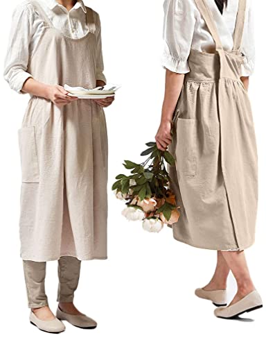 Women Girls Cross Back Apron Gardening Works Cotton Aprons Pinafore Dress - color: Beige
