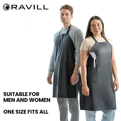 Waterproof Aprons For Men and Women with Pockets | 35" Long Work Aprons for Dishwashing, Dog Grooming, Cleaning - Plastic Dishwasher Apron - Water Resistant Kitchen Apron - color: Black
