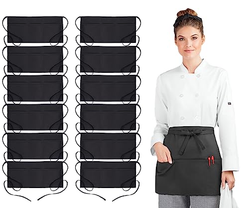 Avalon Kitchen Server Aprons with 3 Pockets – 100% Polyester Waist Apron, 24x12 Inch Half Apron, Waitress Apron for Servers - color: Black, style: Pack of 12