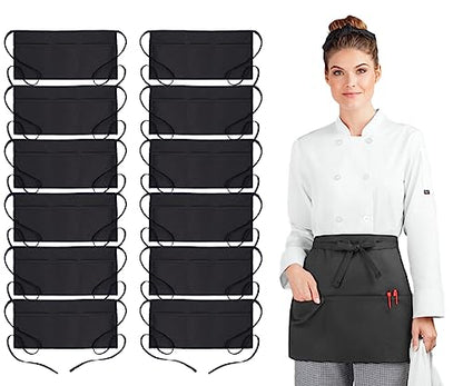 Avalon Kitchen Server Aprons with 3 Pockets – 100% Polyester Waist Apron, 24x12 Inch Half Apron, Waitress Apron for Servers - color: Black, style: Pack of 12