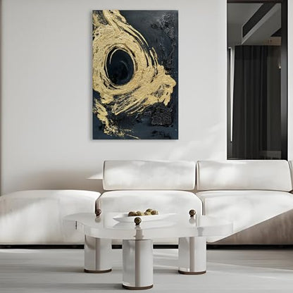 Art Hand-Painted Black and Gold Abstract Texture Oil Painting Modern Canvas Wall Art Deco 45x30 inches - color: Yi092