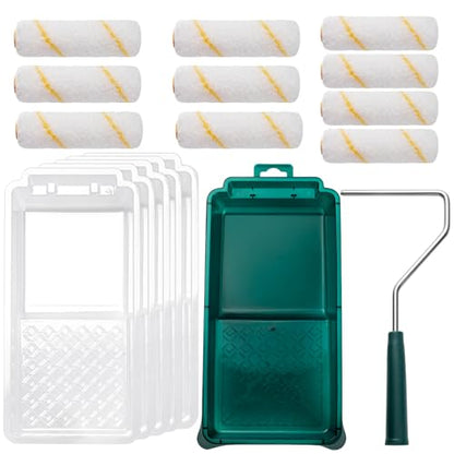 Paint Roller Kit, 17 Pack, 4 Inch Small Paint Roller for Walls | Mini Roller Frame, Paint Tray Liners Set with Microfiber Roller Covers, Painting Supplies for Trims, Cabinets and Furniture - color: 4" paint roller kits