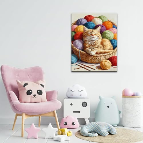 TFIAVSIN Cat Sleeping in Basket Paint by Numbers Kit for Adults - Adorable Pet & Hobby Theme Adult Paint by Number Kits on Pre-Printed Canvas for Relaxing Arts & Crafts - 16x20 Inch - color: Cat