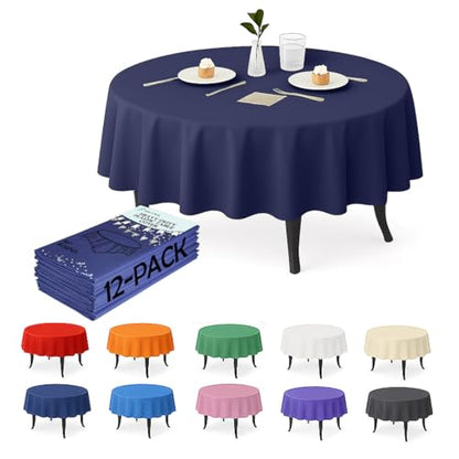 12-Pack Navy Blue Plastic Tablecloths – 84 Inch Round Disposable Table Covers, Heavy Duty & Waterproof for Parties, Events, Banquets, Navy Blue - color: Navy Blue, size: 84" Round