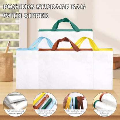 12 Pack A2/A3/A4 Art Portfolio Bags, Blue Brown Yellow Green | Handle and Zipper, Waterproof Mesh, For Artwork Poster Scrapbook Keepsake Bulletin Board, Folder Organizers