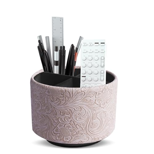 Round Leather Art Supply Organizer,Remote Control Holder,360 Degree Spinning,Multi-Functional Pencil Holder,4 Compartments Desktop Stationary Organizer(1-Carved White) - color: 1-Carved White