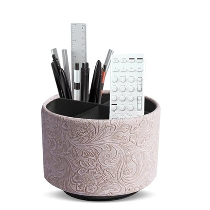 Round Leather Art Supply Organizer,Remote Control Holder,360 Degree Spinning,Multi-Functional Pencil Holder,4 Compartments Desktop Stationary Organizer(1-Carved White) - color: 1-Carved White