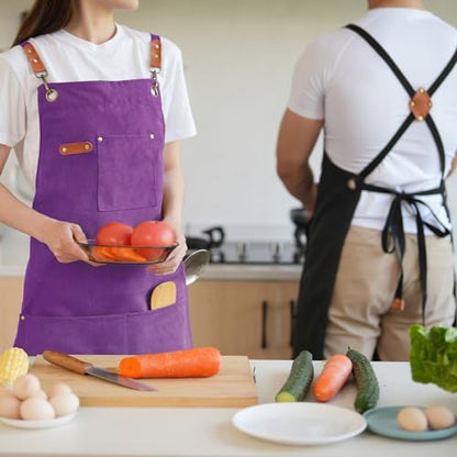 Aoomzoon Canvas Aprons for Men Chef Apron, Work Apron with Large Pockets - 16oz Heavy Duty Cross Back, BBQ, Cooking - color: Purple